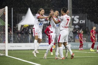 Sions Dejan Sorgic jubelt nach dem zweite Tor im Fussball Meisterschaftsspiel der Challenge League zwischen dem FC Baden 1897 und dem FC Sion, am Samstag, 21. Oktober 2023, im Stadion Esp in Baden-Daettwil. (KEYSTONE/Ennio Leanza)